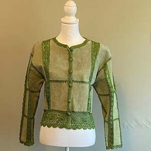 Vintage Sage Green Suede Leather Hand-Knit Crochet Trim Jacket FairyCore